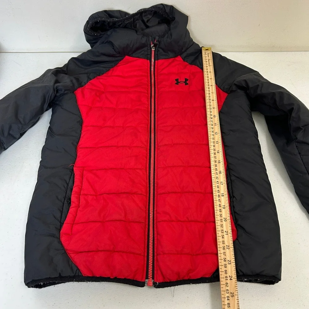 Under Armour Youth Large Red Black Hooded Puffer Jacket Full Zip Quilted Coat